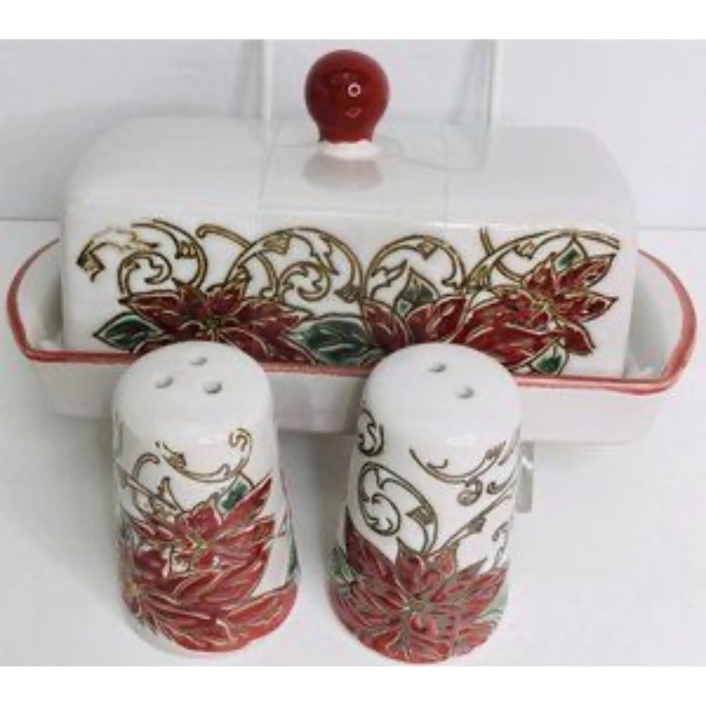 Holiday Collection Poinsettia Stoneware Wide Butter Dish Salt & Pepper Shaker